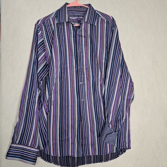 Bugatchi Uomo Purple Striped Dress Shirt Mens XXL Long Sleeve ButtonUp Flip Cuff - Picture 11 of 11